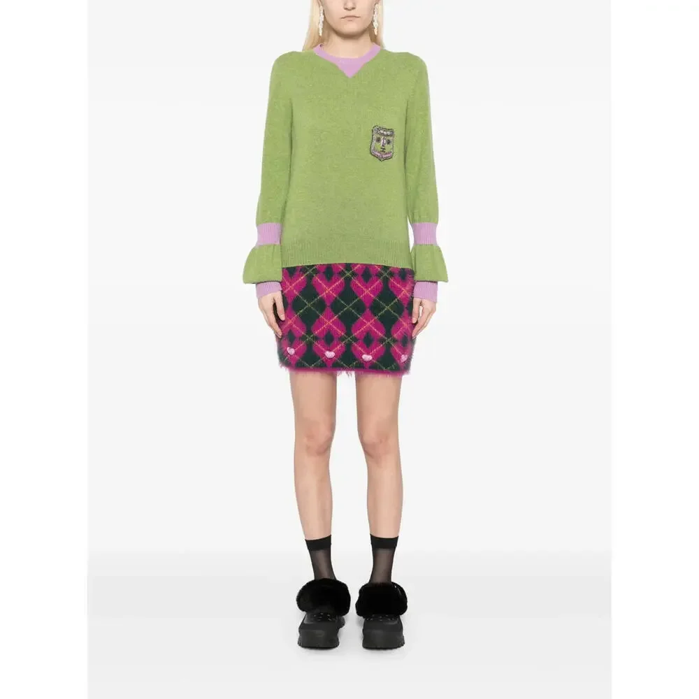 Vintage 2007 Chanel 07A Green Purple Sweater FR-36 Embroidered CC Crest Cashmere